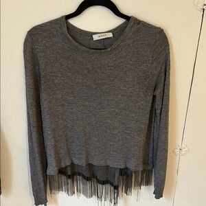 MILLY Gray Metal Fringe Hem Scoop Neck Long Sleeve Top S